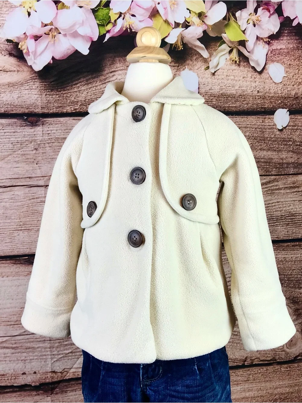 Kids Little Girls Beige Button Up Teddy Bear Plush Coat Outerwear 4-5Y